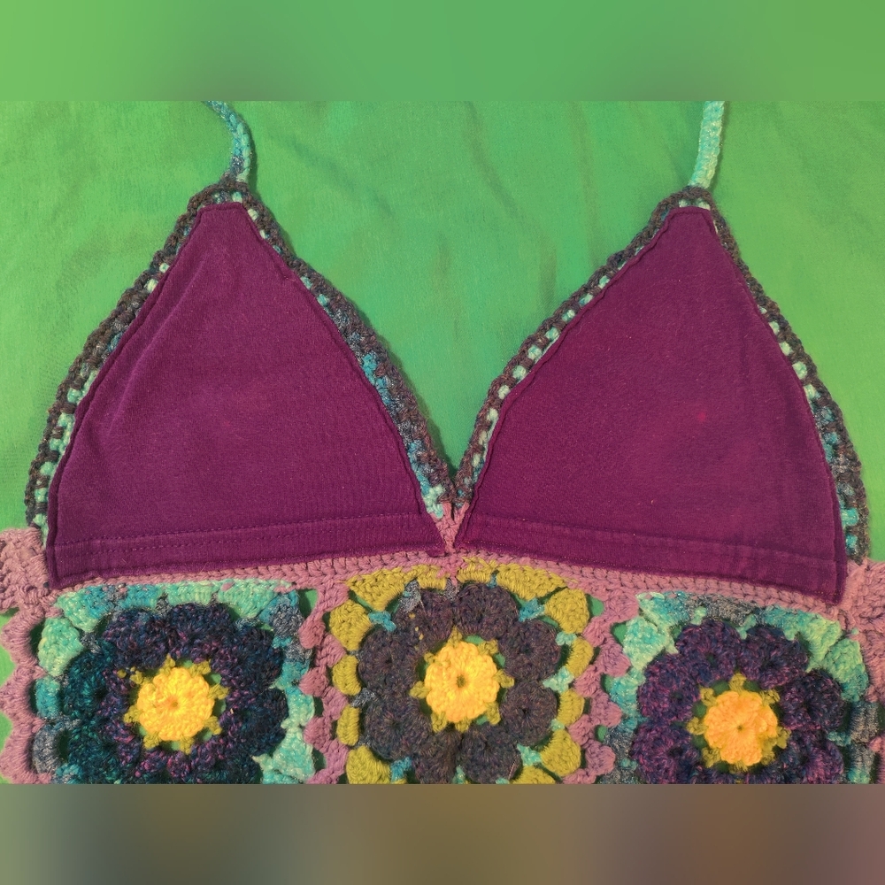 Handmade Crochet Halter Top with Blue and Purple Flowers - Picture 3 of 4